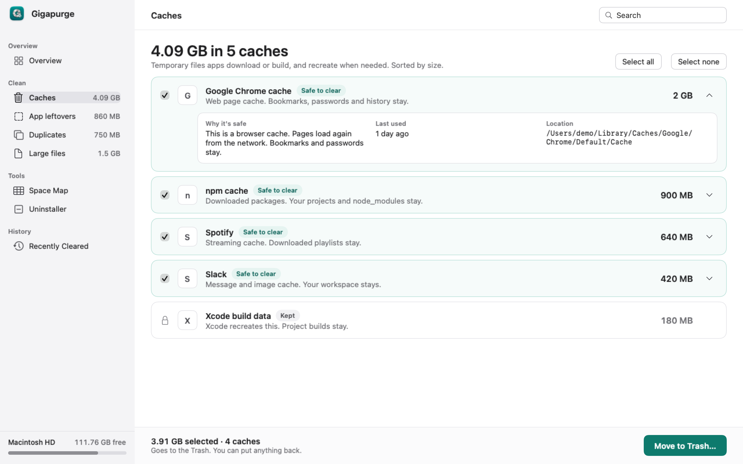 The Caches page with Google Chrome cache expanded, showing why it is safe, when it was last used, and its location.